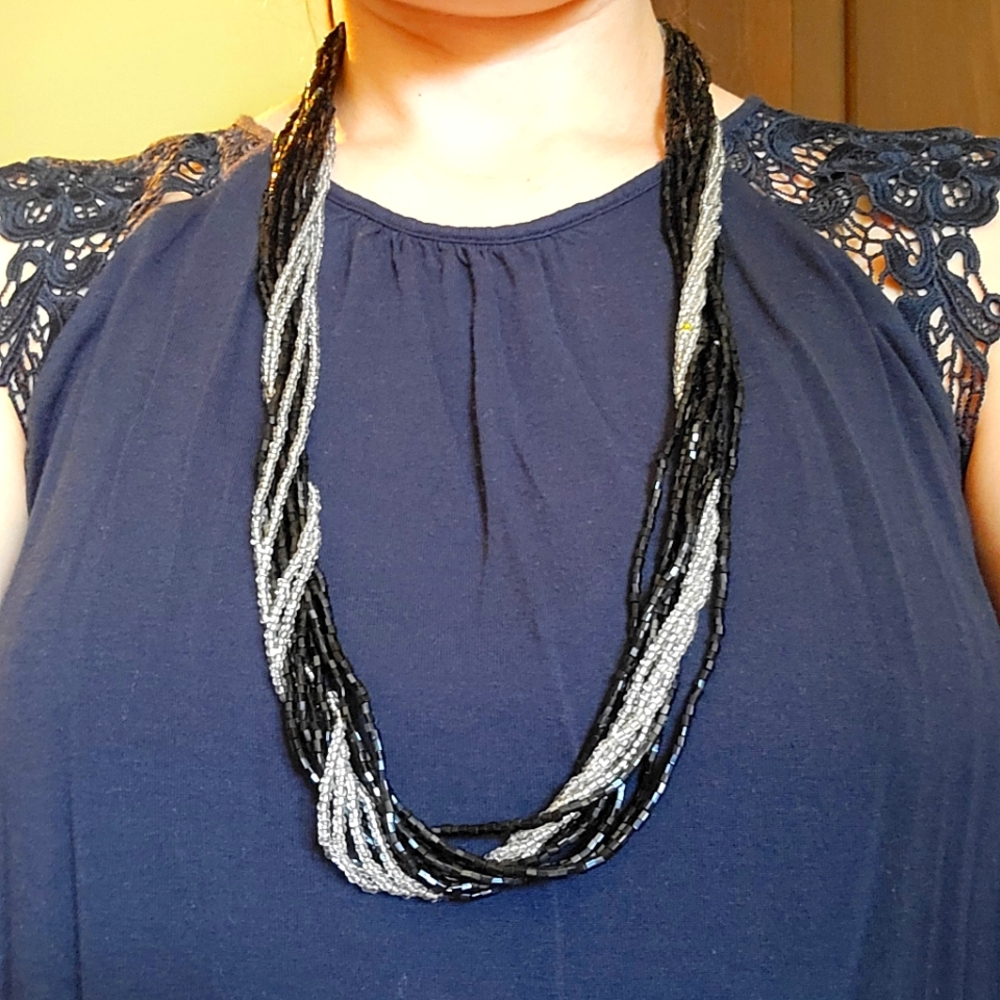 Vintage Black and Silver/Clear Glass Beaded Necklace